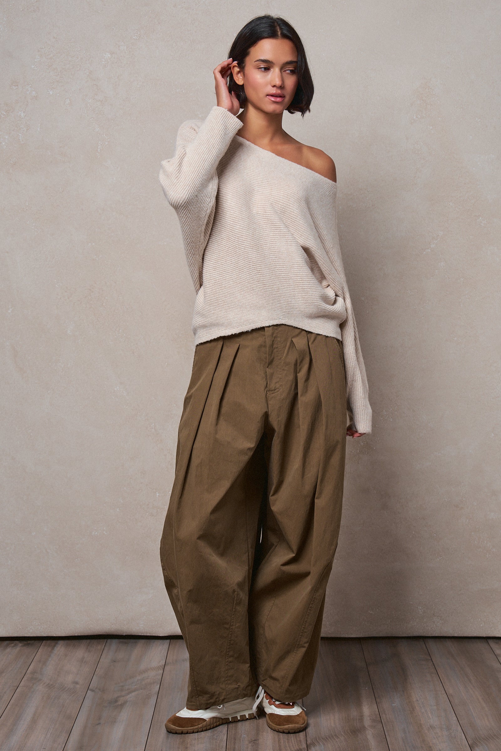 Dolman Sleeve Boat Neck Knit Sweater in OATMEAL - Women's Sweaters | Urban Daizy