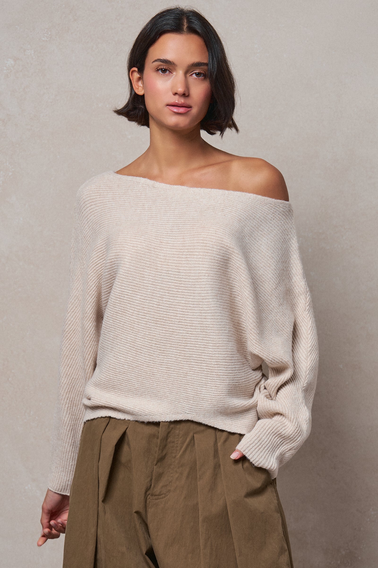 Dolman Sleeve Boat Neck Knit Sweater in OATMEAL - Women's Sweaters | Urban Daizy