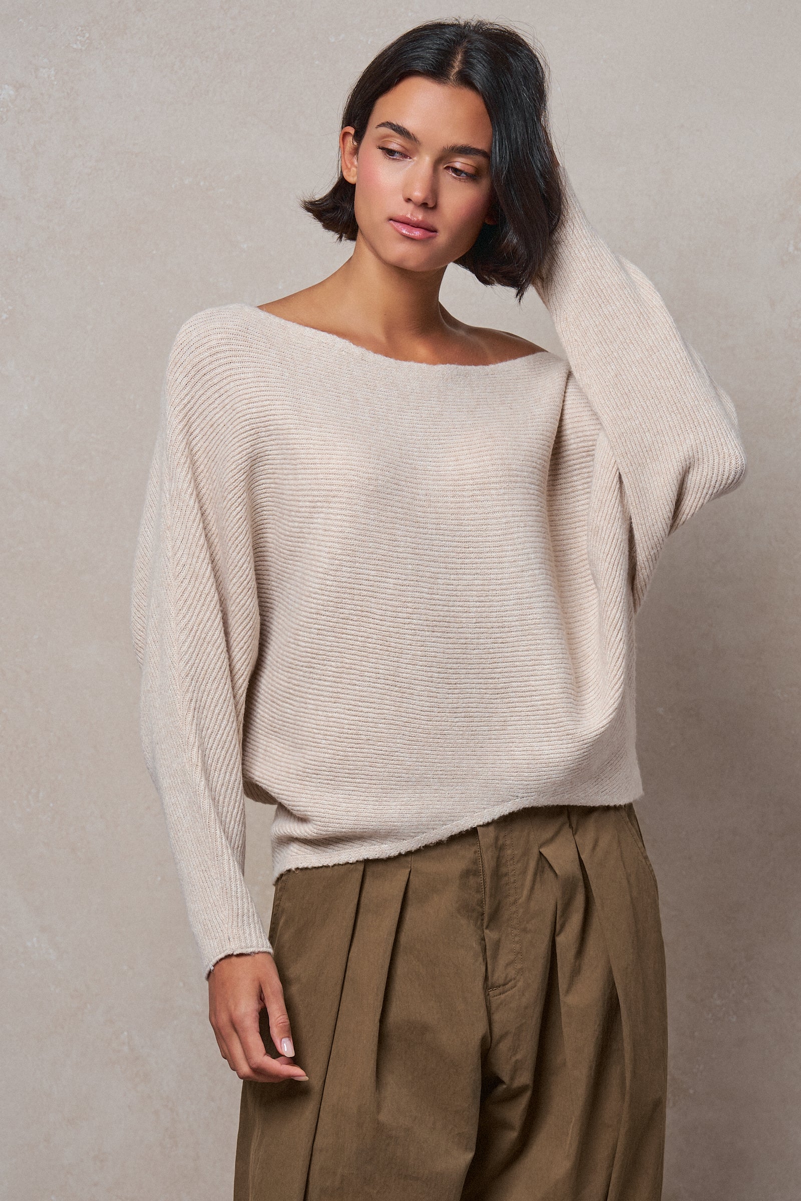Dolman Sleeve Boat Neck Knit Sweater in OATMEAL - Women's Sweaters | Urban Daizy