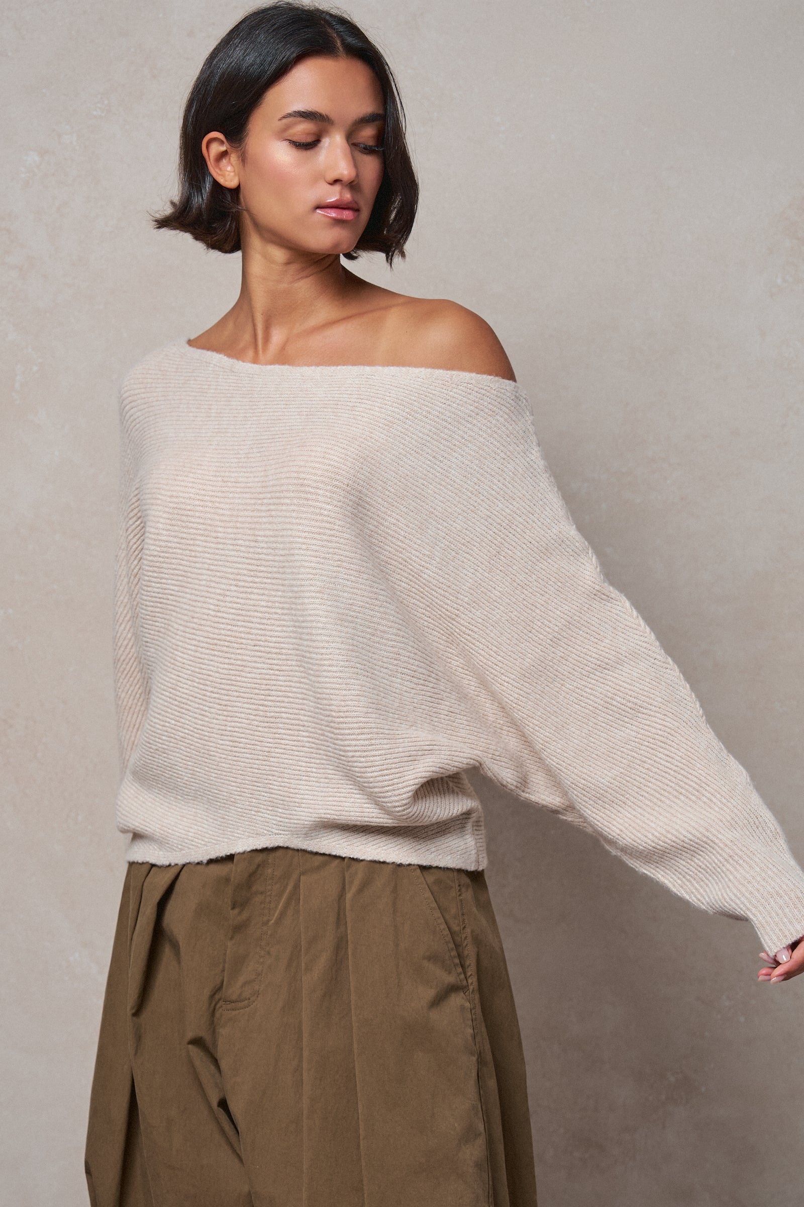 Dolman Sleeve Boat Neck Knit Sweater in OATMEAL - Women's Sweaters | Urban Daizy