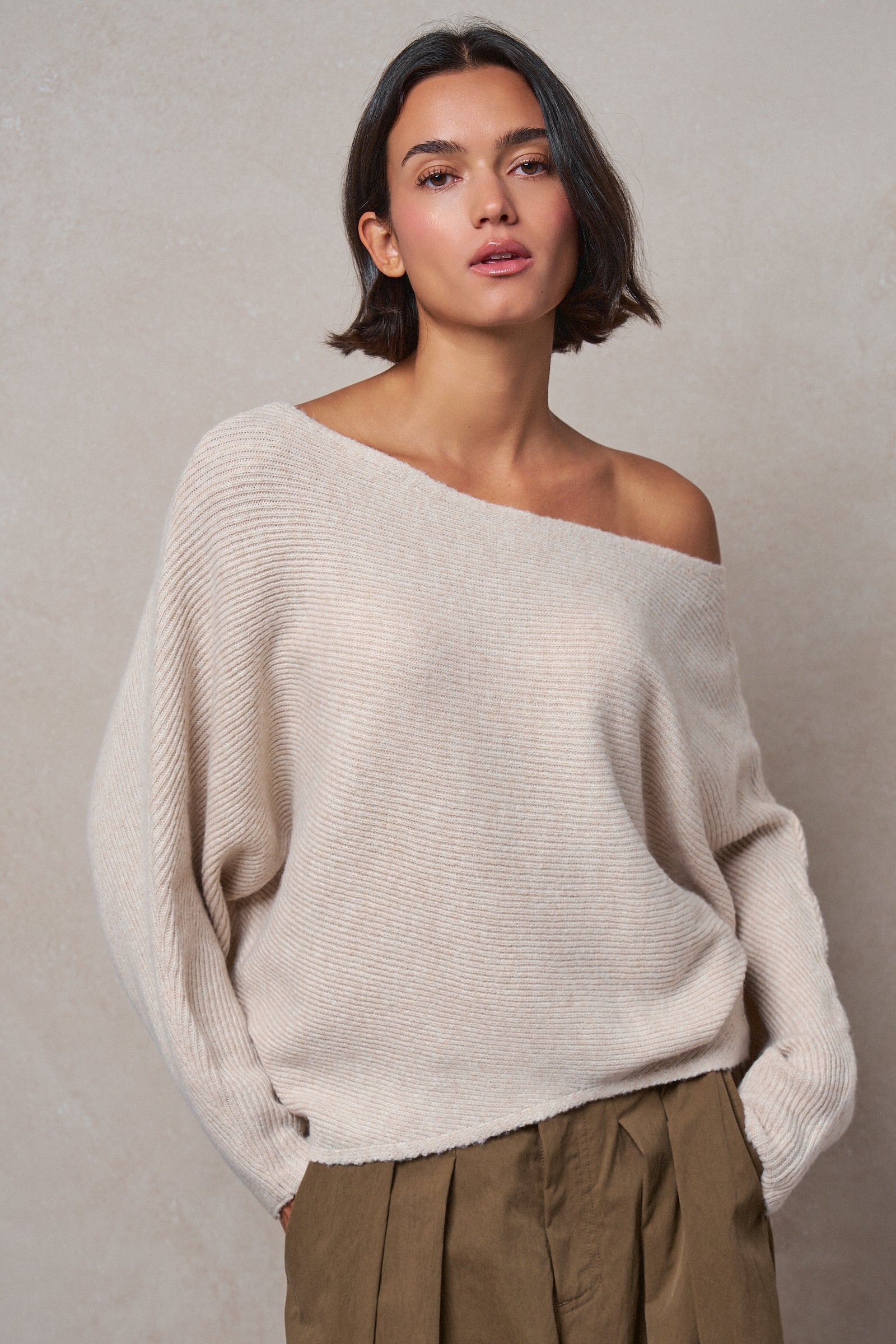 Dolman Sleeve Boat Neck Knit Sweater in OATMEAL - Women's Sweaters | Urban Daizy