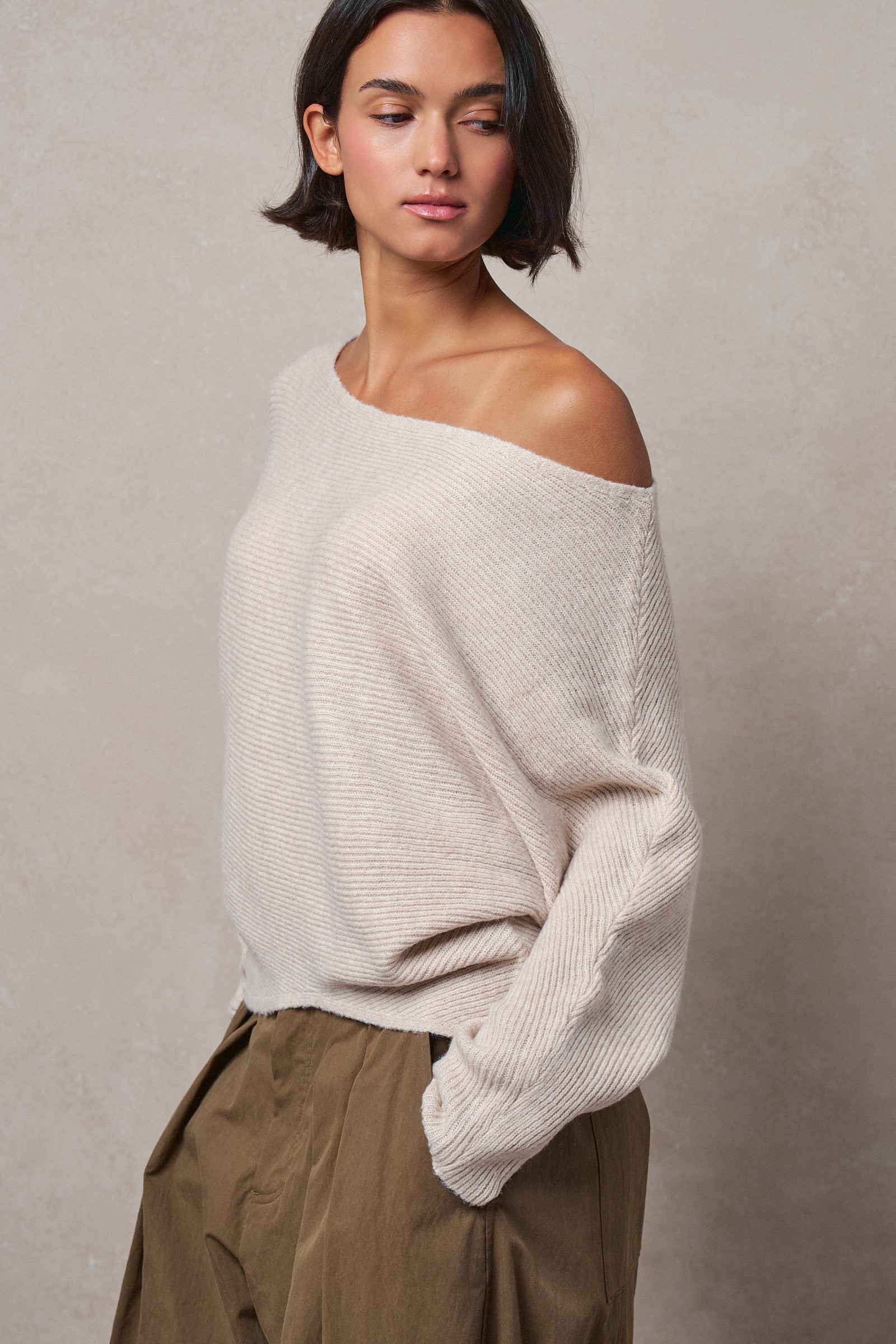 Dolman Sleeve Boat Neck Knit Sweater in OATMEAL - Women's Sweaters | Urban Daizy