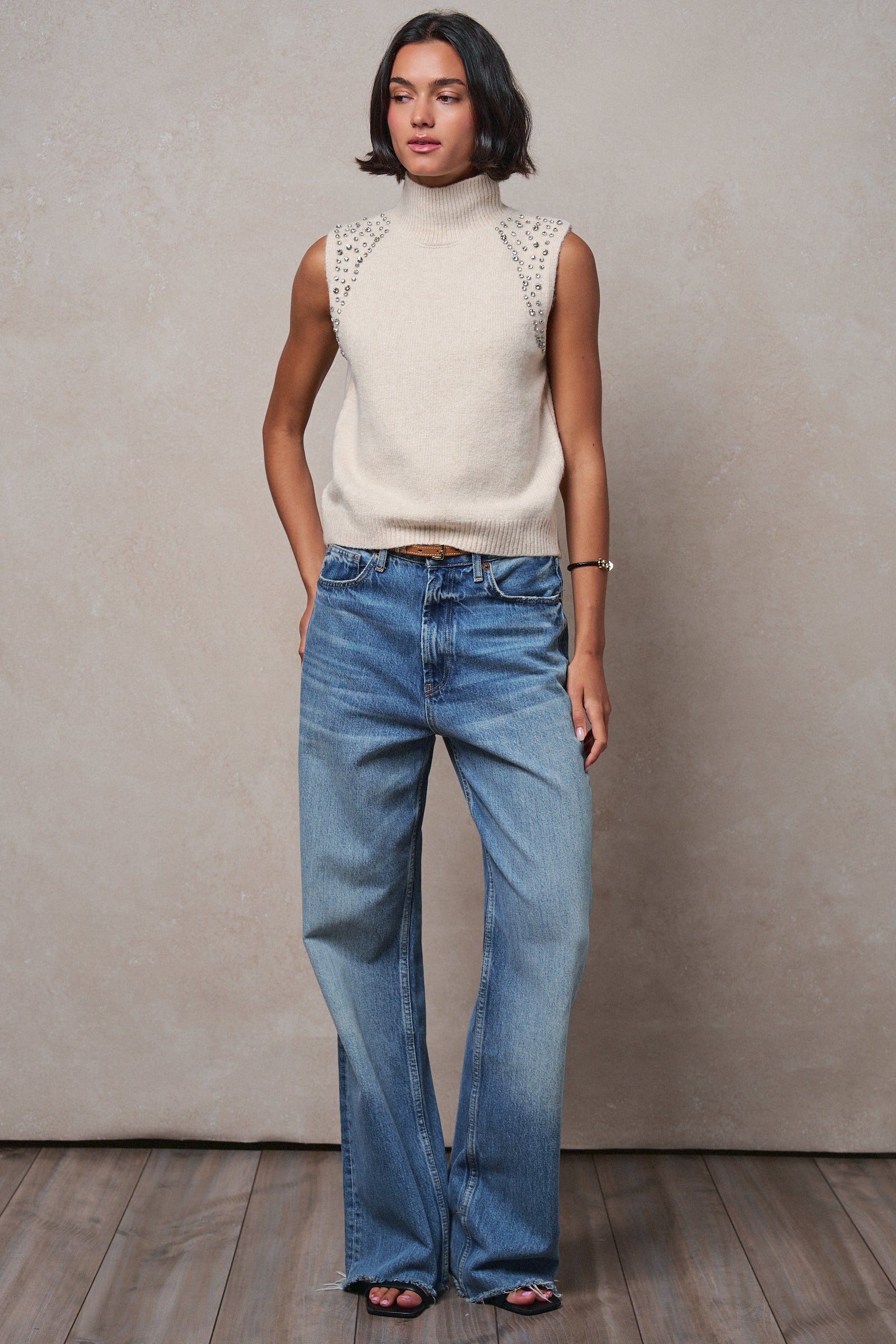 Ribbed Knit Sleeveless Mock Neck Sweater Top in OATMEAL - Women's Sweaters | Urban Daizy