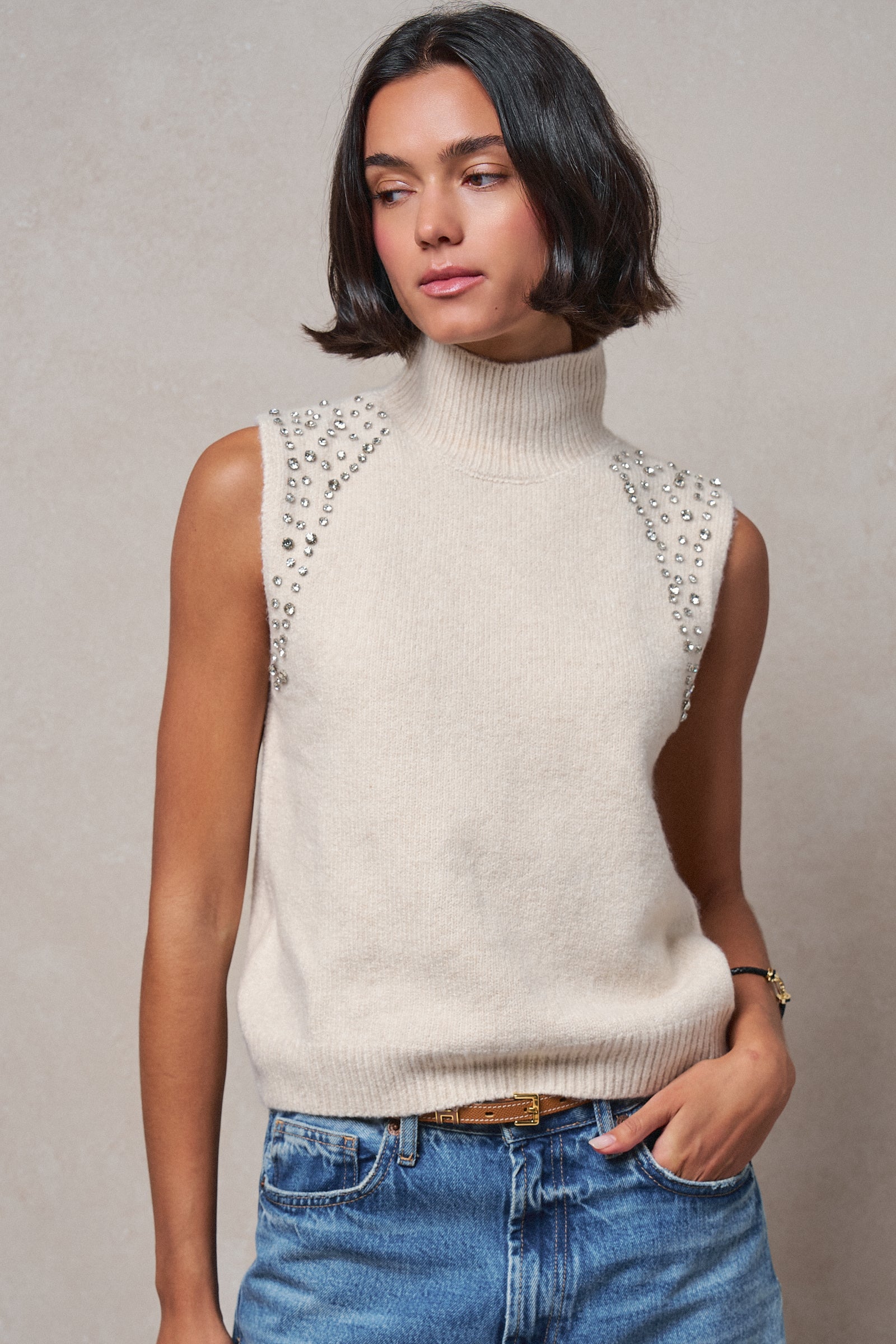Ribbed Knit Sleeveless Mock Neck Sweater Top in OATMEAL - Women's Sweaters | Urban Daizy