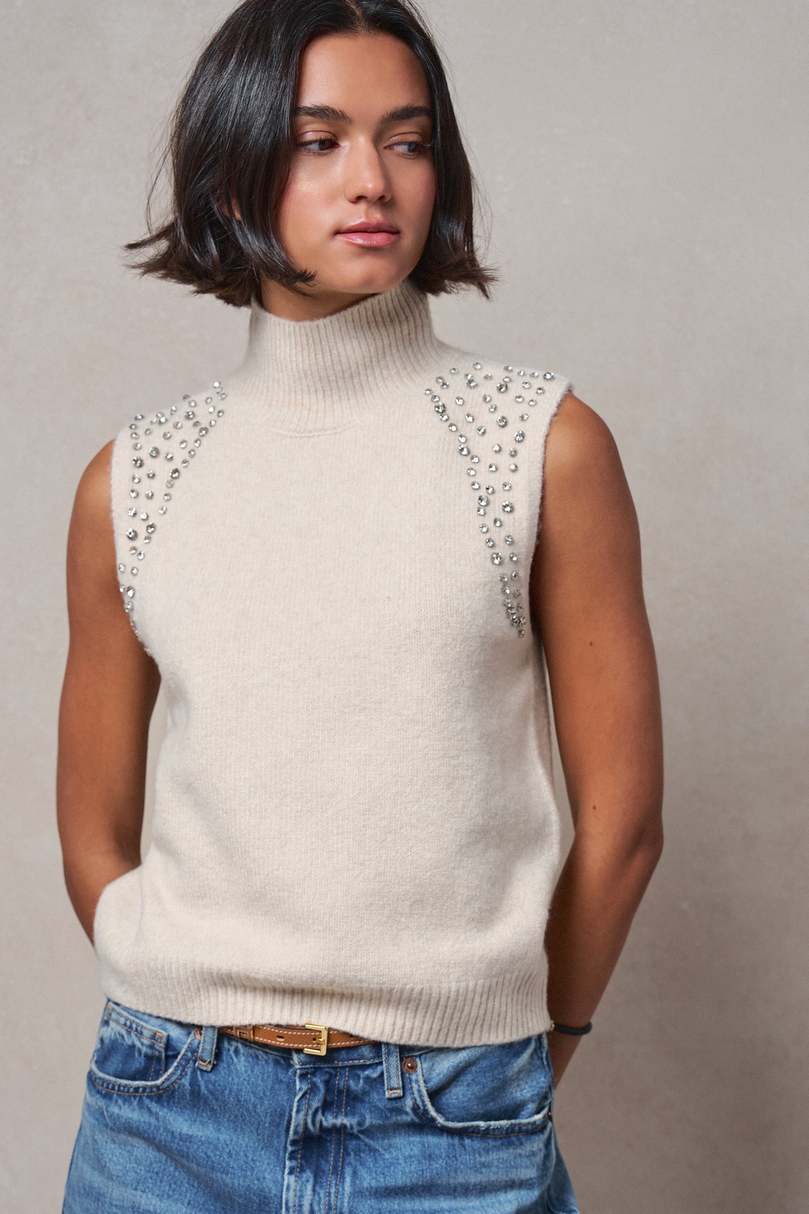 Ribbed Knit Sleeveless Mock Neck Sweater Top in OATMEAL - Women's Sweaters | Urban Daizy