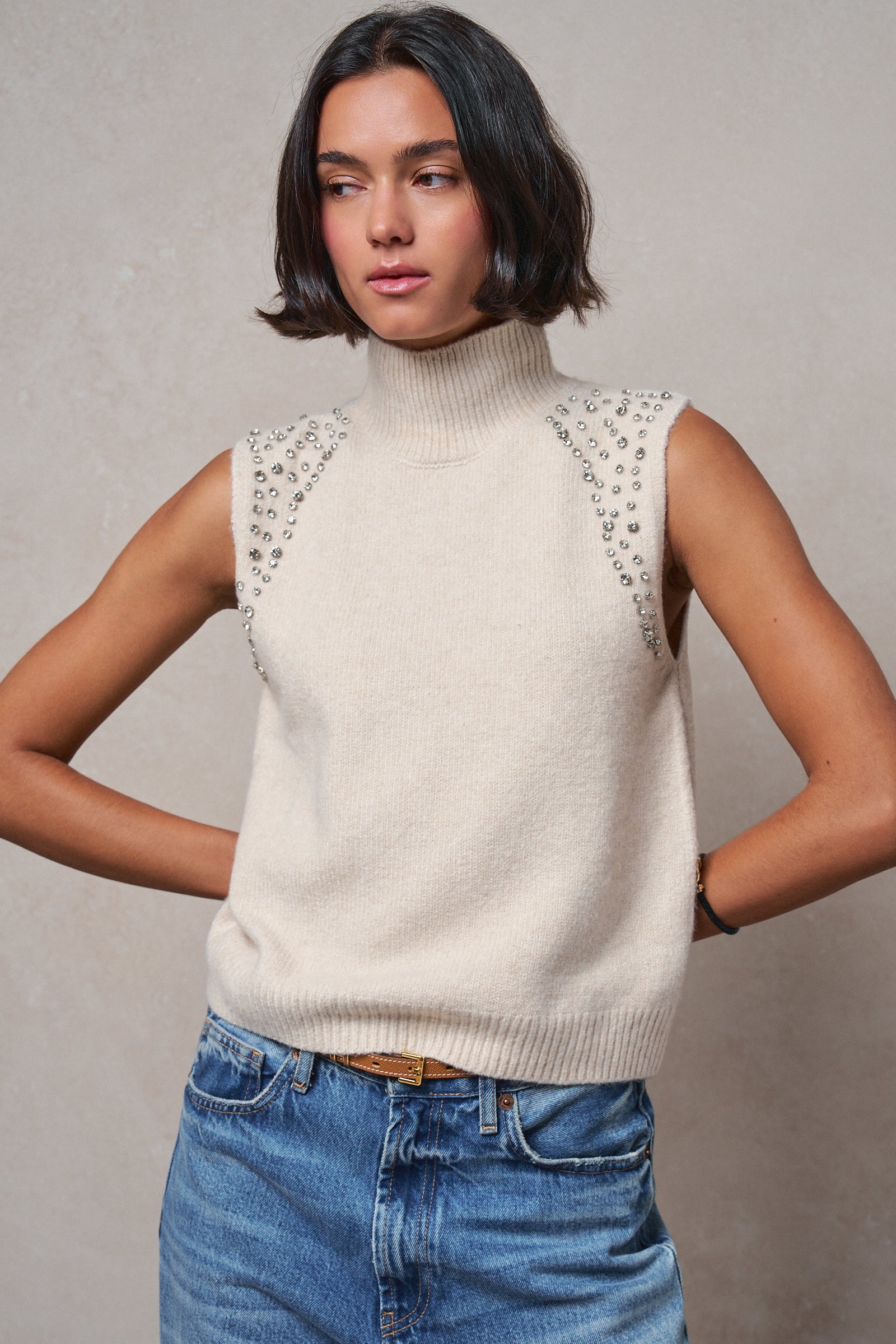 Ribbed Knit Sleeveless Mock Neck Sweater Top in OATMEAL - Women's Sweaters | Urban Daizy