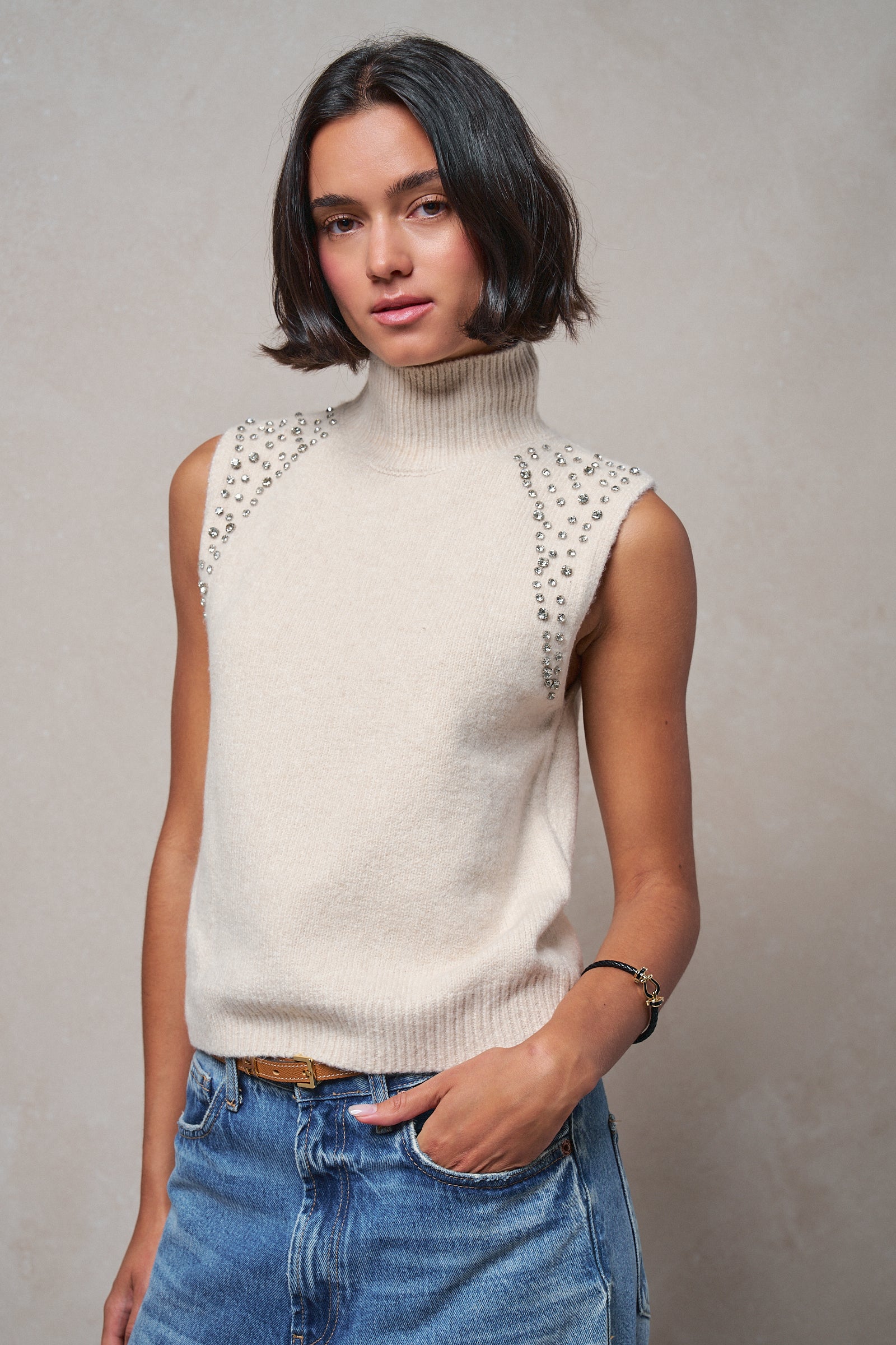 Ribbed Knit Sleeveless Mock Neck Sweater Top in OATMEAL - Women's Sweaters | Urban Daizy