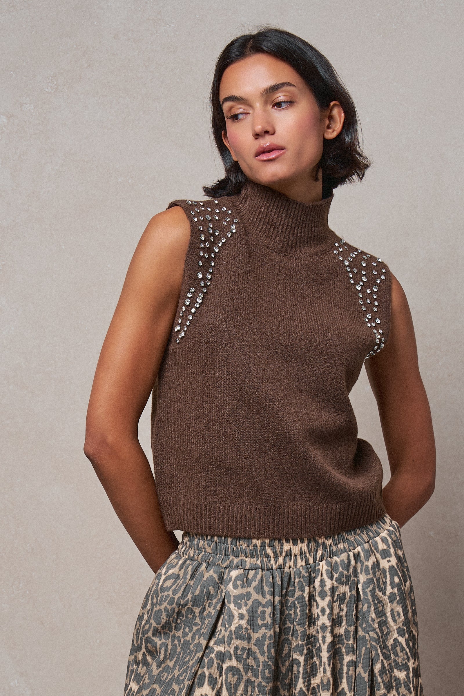 Ribbed Knit Sleeveless Mock Neck Sweater Top in MOCHA - Women's Sweaters | Urban Daizy