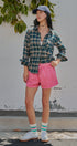 Plaid Flannel Button Up Shirt With Chest Pocket in TEAL GREEN - Women's Tops | Urban Daizy