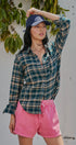 Plaid Flannel Button Up Shirt With Chest Pocket in TEAL GREEN - Women's Tops | Urban Daizy