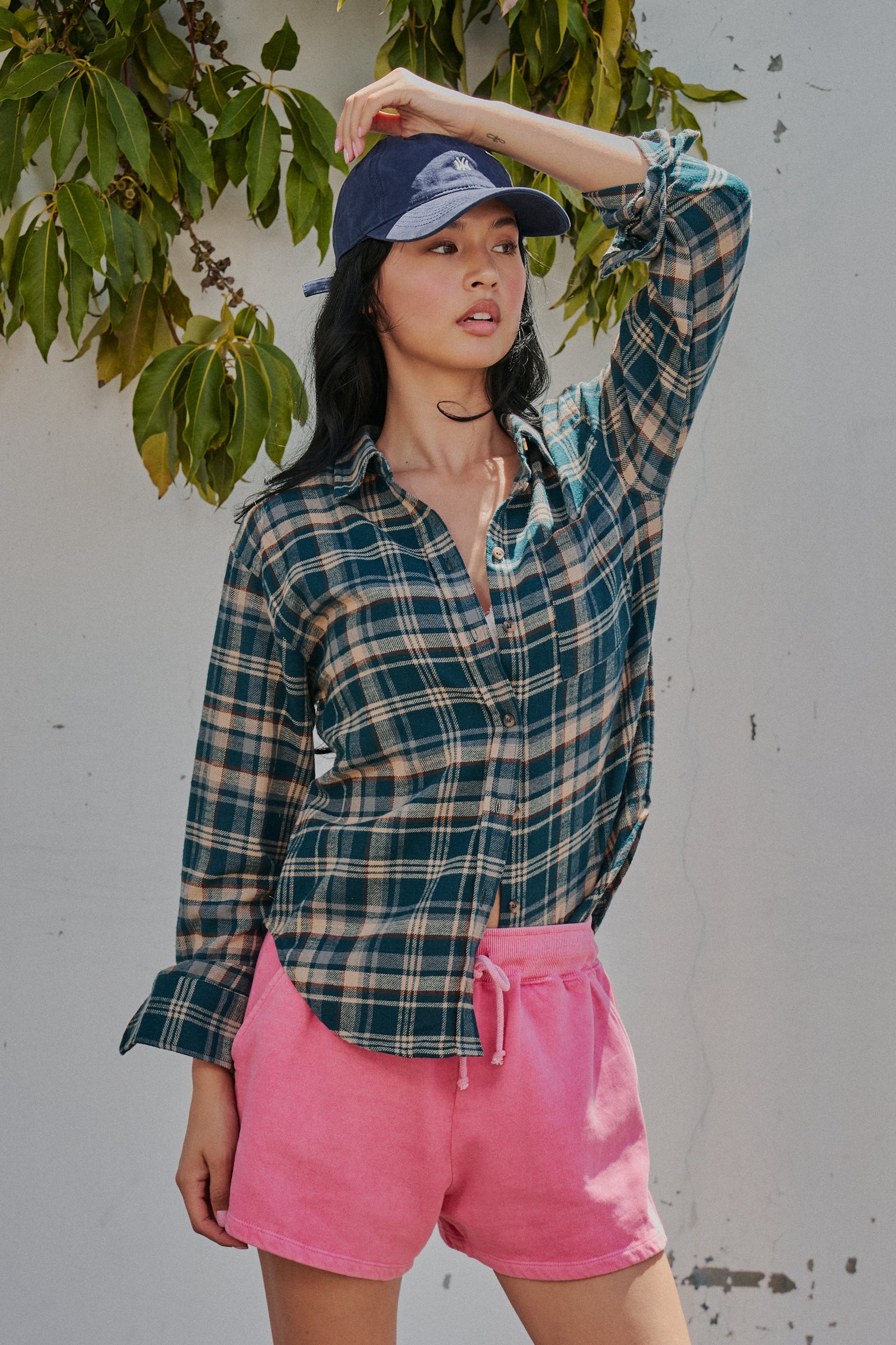 Plaid Flannel Button Up Shirt With Chest Pocket in TEAL GREEN - Women's Tops | Urban Daizy