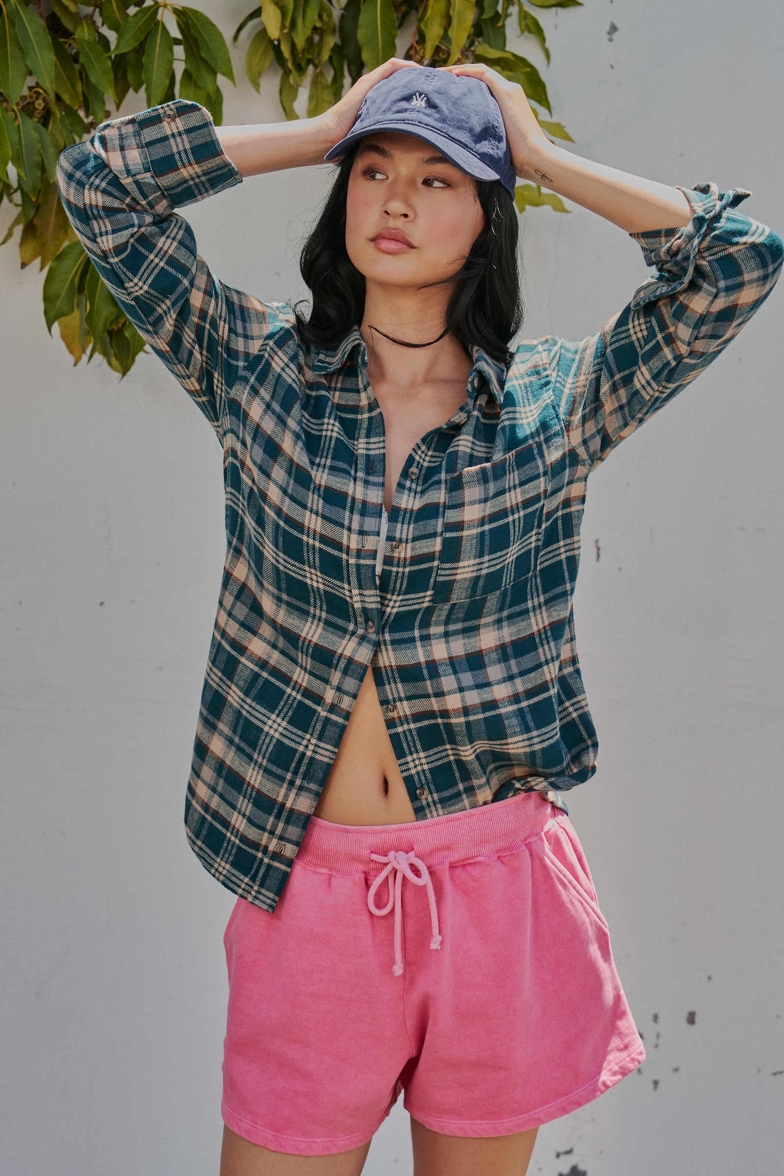 Plaid Flannel Button Up Shirt With Chest Pocket in TEAL GREEN - Women's Tops | Urban Daizy