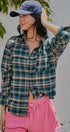 Plaid Flannel Button Up Shirt With Chest Pocket in TEAL GREEN - Women's Tops | Urban Daizy