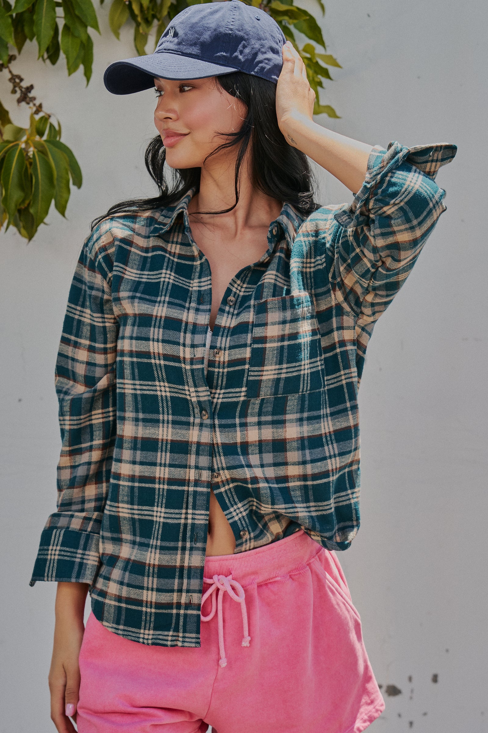 Plaid Flannel Button Up Shirt With Chest Pocket in TEAL GREEN - Women's Tops | Urban Daizy