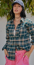 Plaid Flannel Button Up Shirt With Chest Pocket in TEAL GREEN - Women's Tops | Urban Daizy