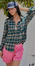 Plaid Flannel Button Up Shirt With Chest Pocket in TEAL GREEN - Women's Tops | Urban Daizy