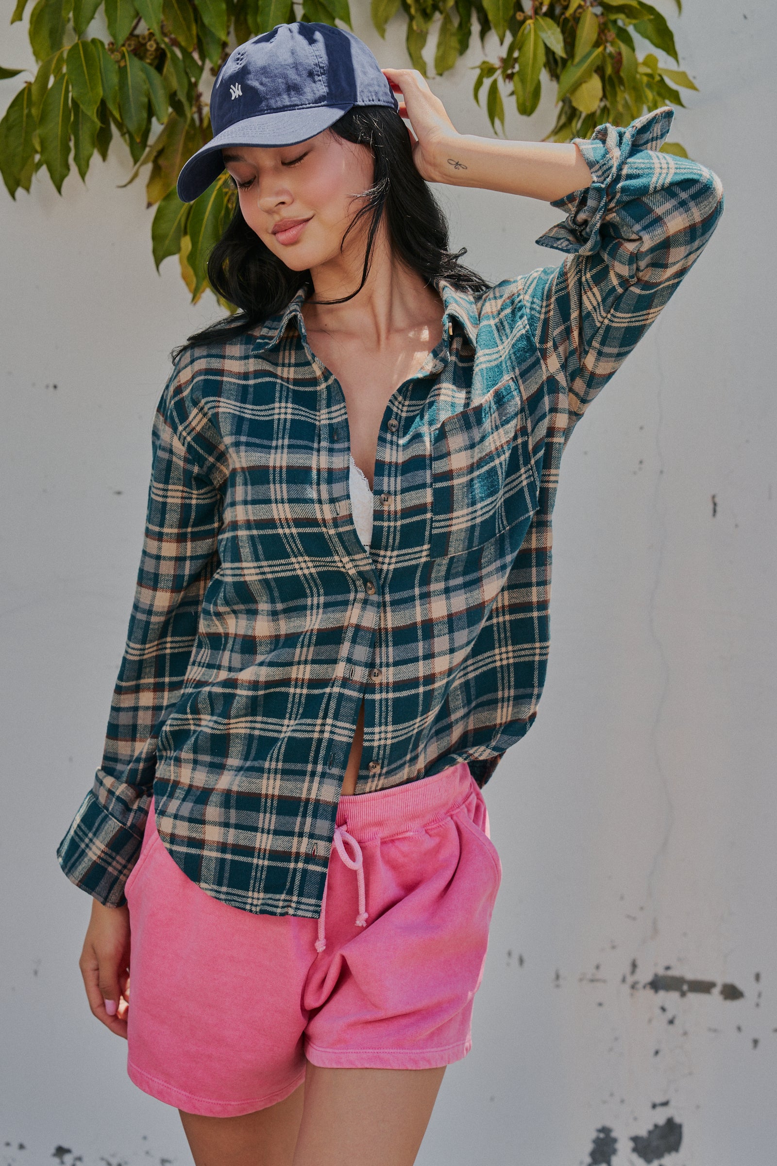 Plaid Flannel Button Up Shirt With Chest Pocket in TEAL GREEN - Women's Tops | Urban Daizy