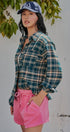 Plaid Flannel Button Up Shirt With Chest Pocket in TEAL GREEN - Women's Tops | Urban Daizy