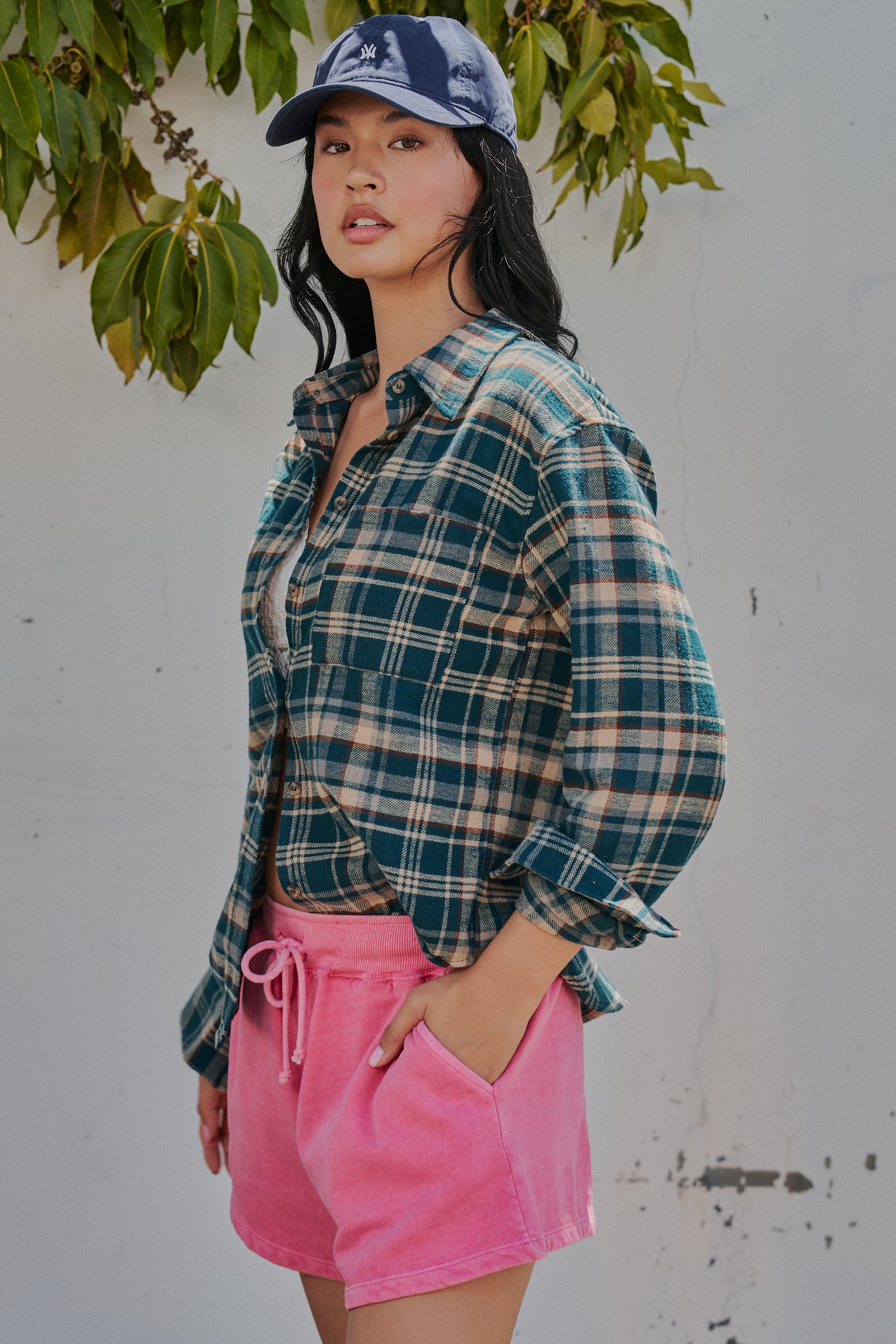 Plaid Flannel Button Up Shirt With Chest Pocket in TEAL GREEN - Women's Tops | Urban Daizy