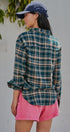 Plaid Flannel Button Up Shirt With Chest Pocket in TEAL GREEN - Women's Tops | Urban Daizy