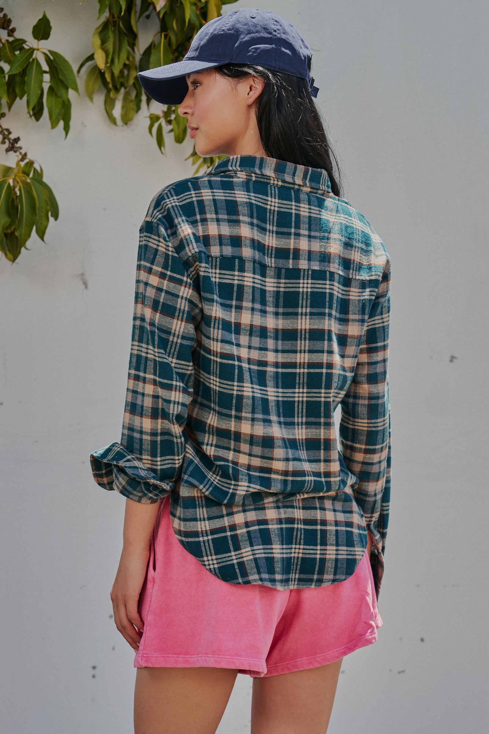 Plaid Flannel Button Up Shirt With Chest Pocket in TEAL GREEN - Women's Tops | Urban Daizy