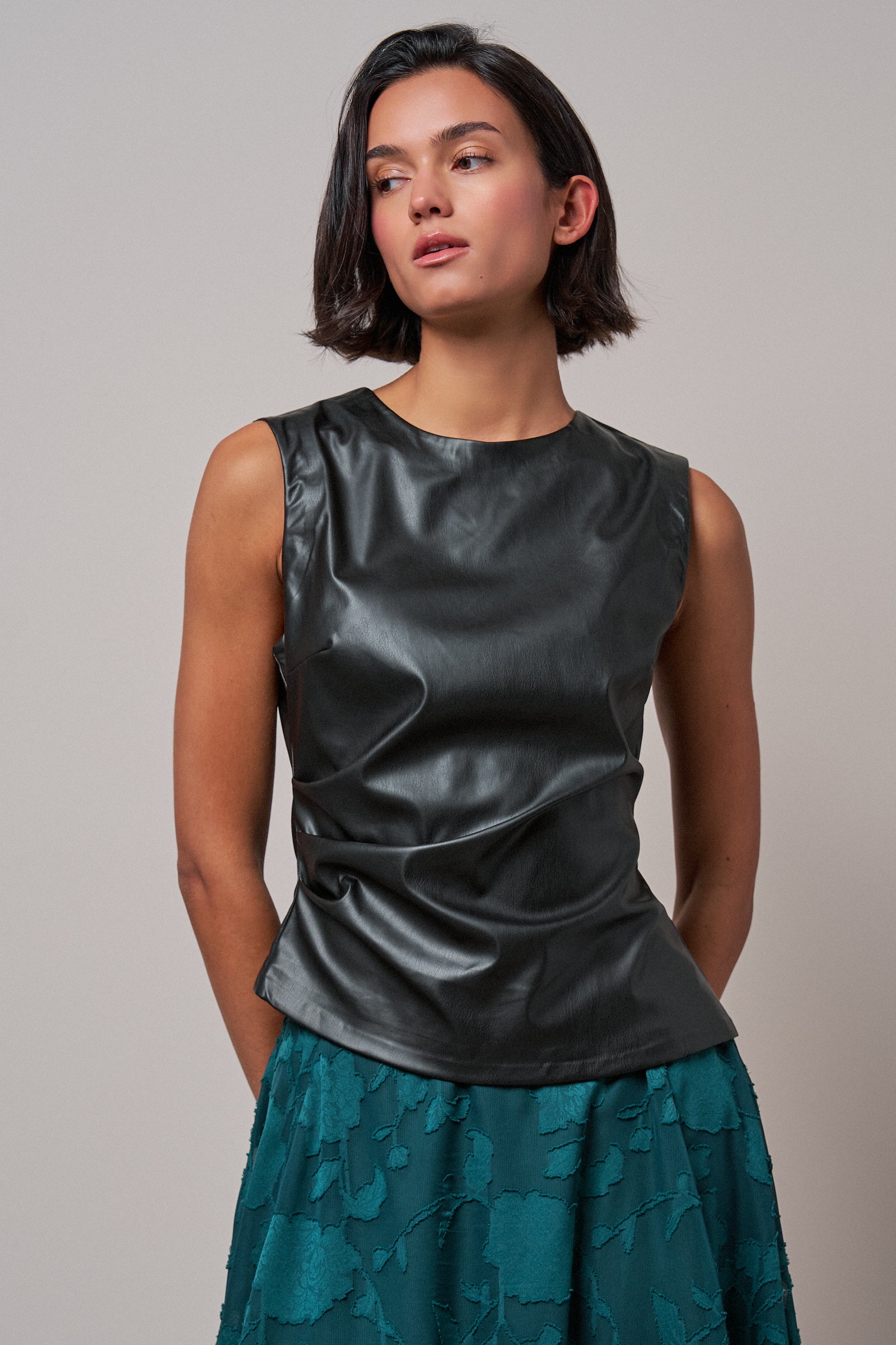 Faux Leather Ruched Sleeveless Top in BLACK - Women's Tops | Urban Daizy