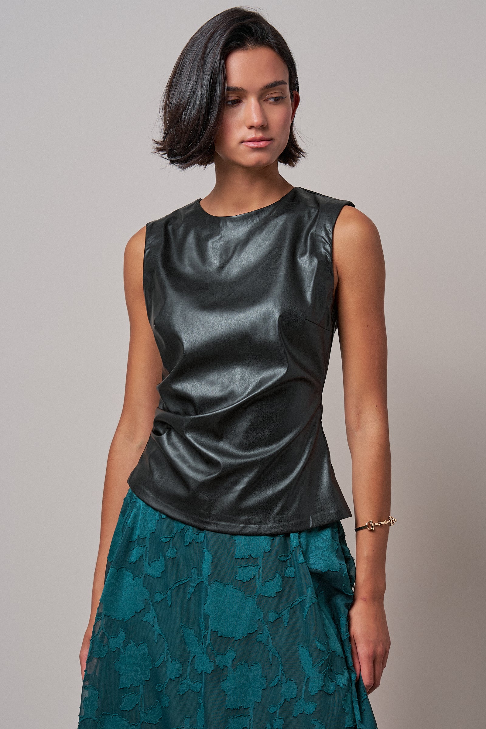 Faux Leather Ruched Sleeveless Top in BLACK - Women's Tops | Urban Daizy