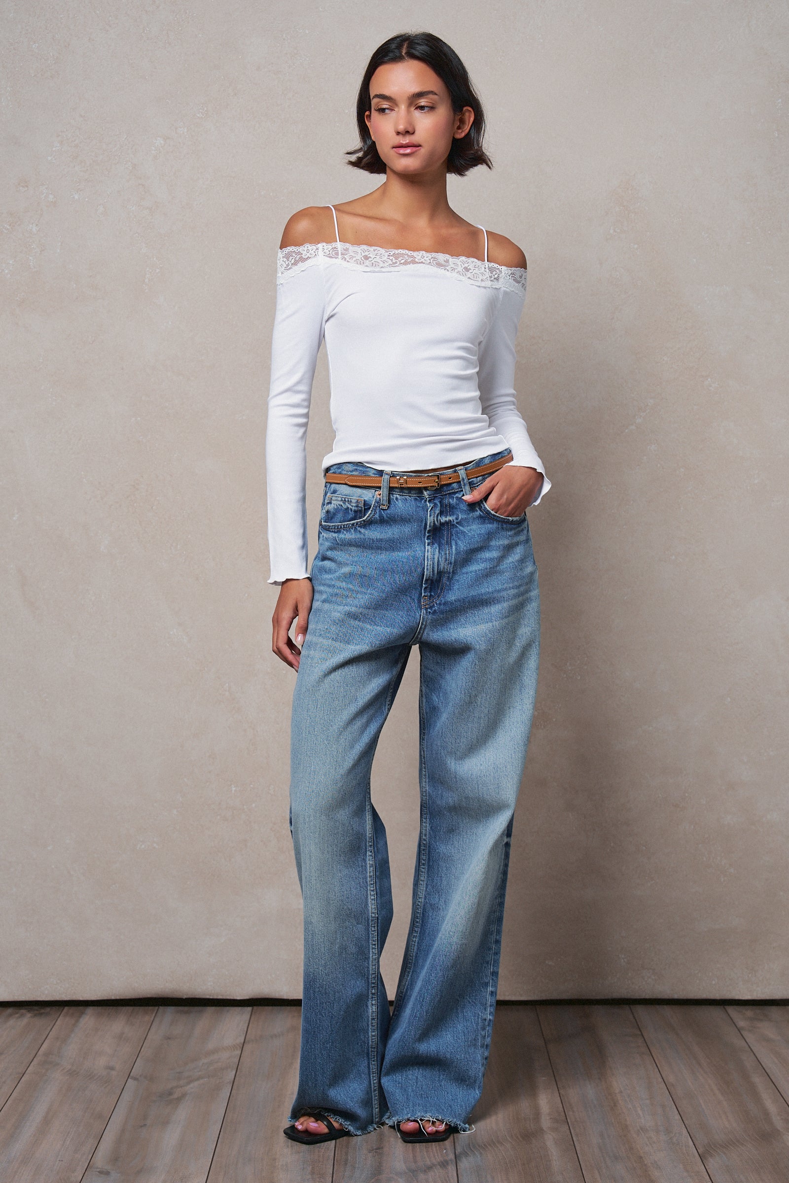 Ribbed Lace Trim Off-Shoulder Long Sleeve Top in WHITE - Women's TOPS | Urban Daizy