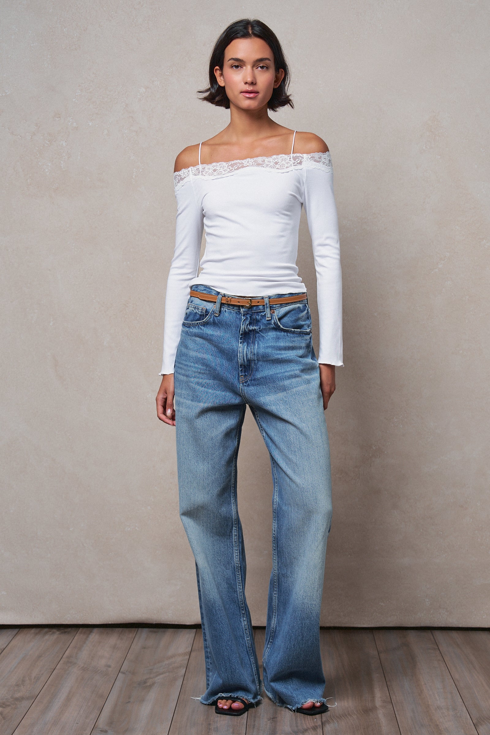Ribbed Lace Trim Off-Shoulder Long Sleeve Top in WHITE - Women's TOPS | Urban Daizy