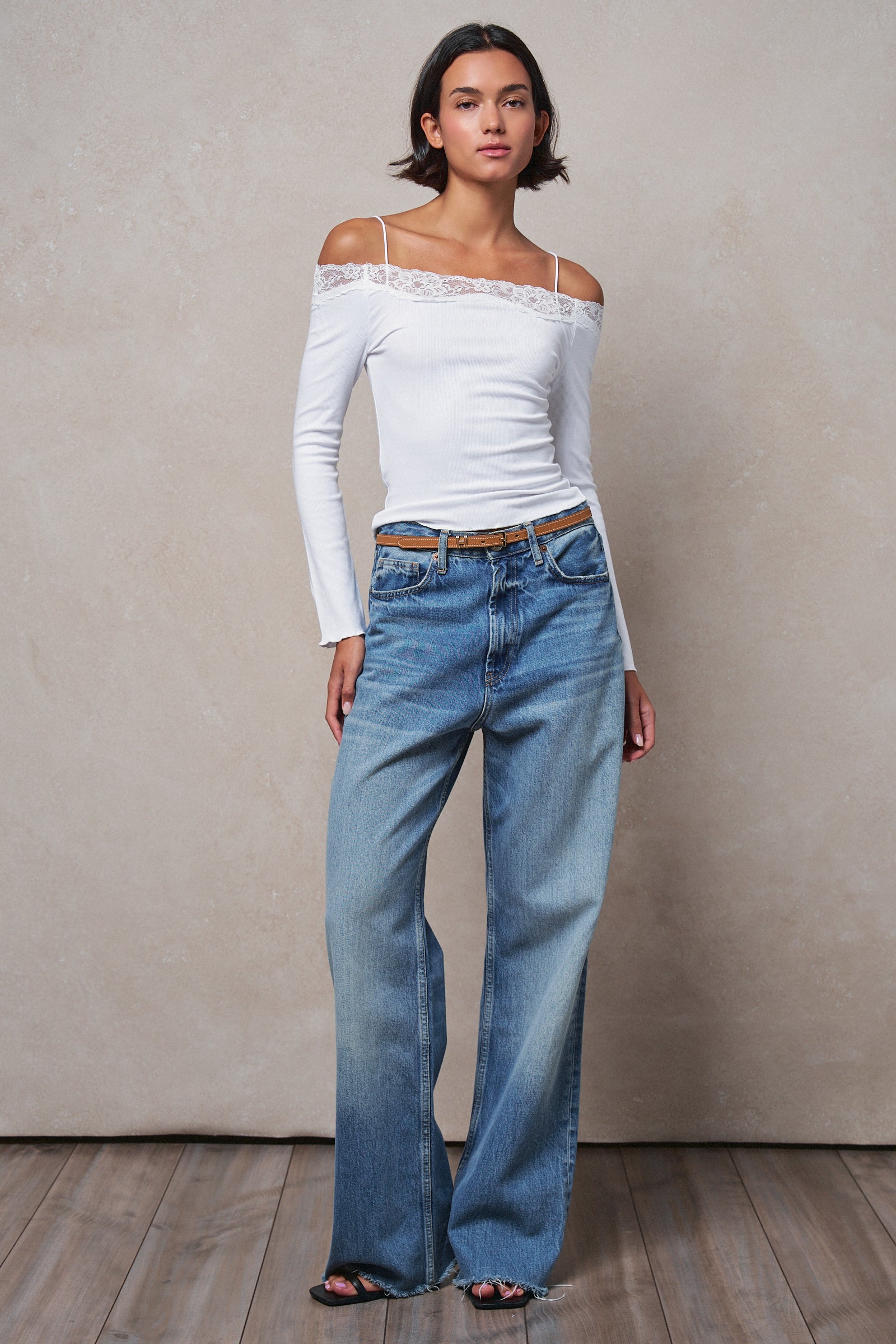Ribbed Lace Trim Off-Shoulder Long Sleeve Top in WHITE - Women's TOPS | Urban Daizy