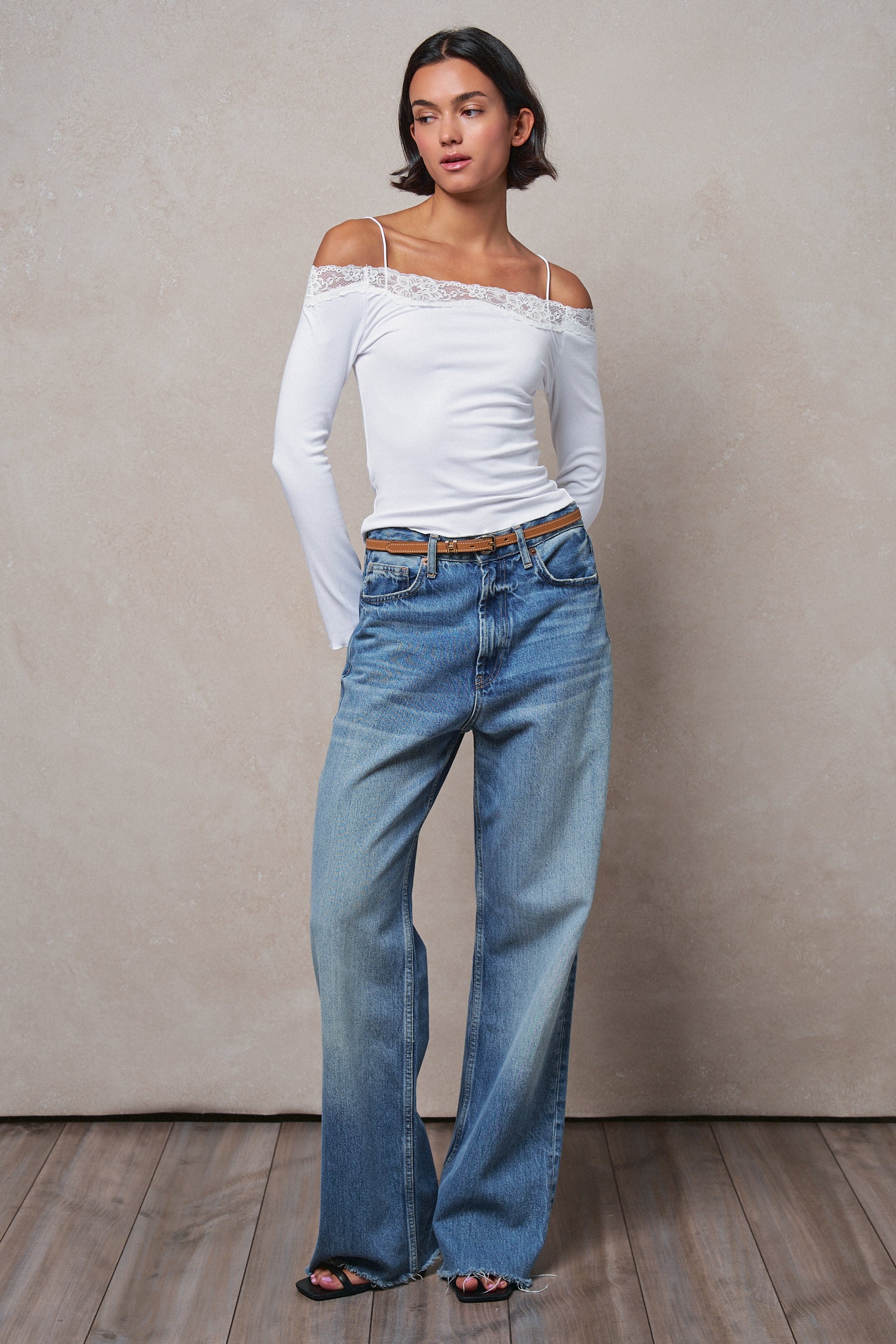 Ribbed Lace Trim Off-Shoulder Long Sleeve Top in WHITE - Women's TOPS | Urban Daizy