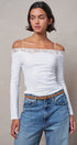 Ribbed Lace Trim Off-Shoulder Long Sleeve Top in WHITE - Women's TOPS | Urban Daizy