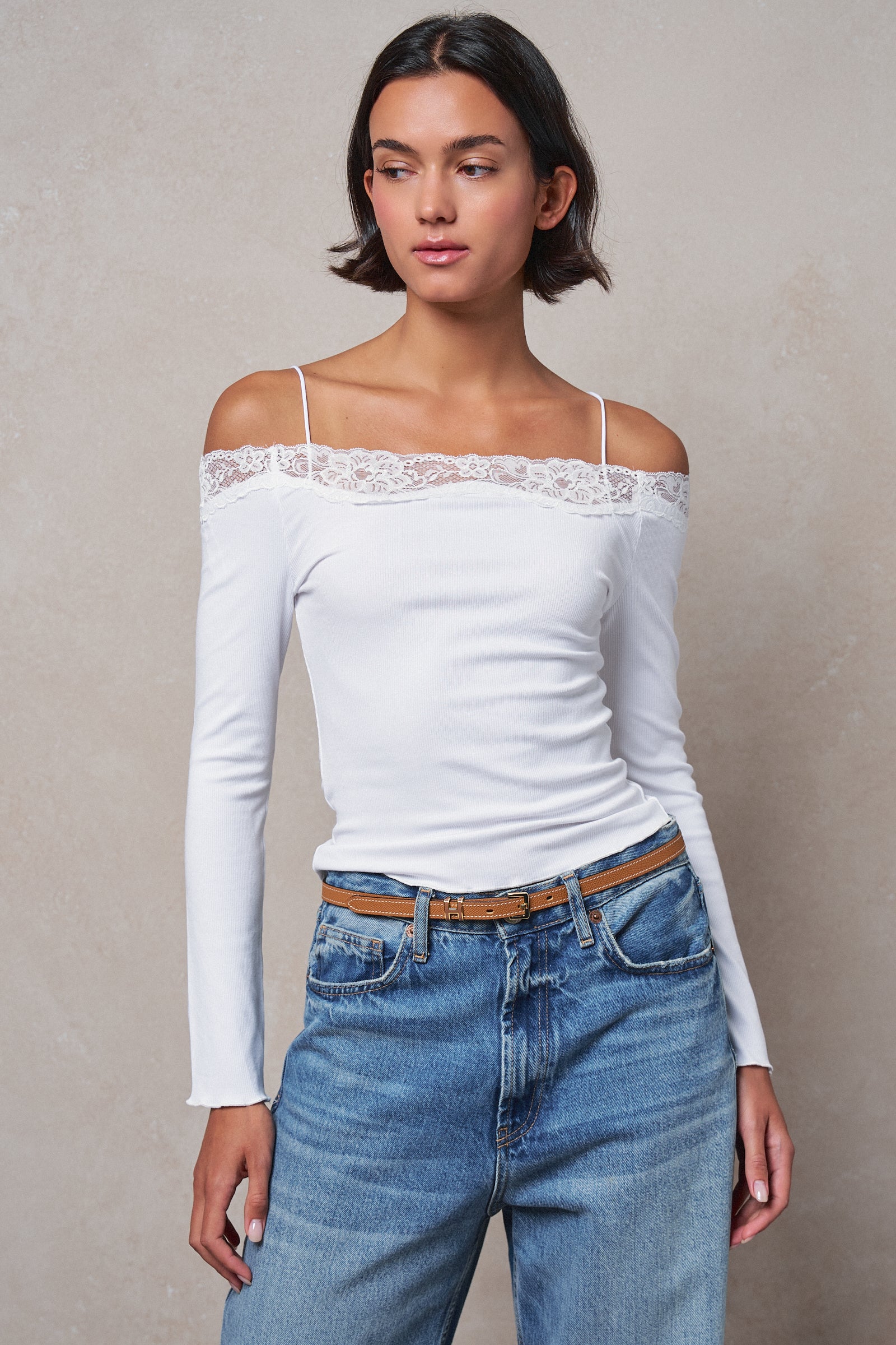 Ribbed Lace Trim Off-Shoulder Long Sleeve Top in WHITE - Women's TOPS | Urban Daizy