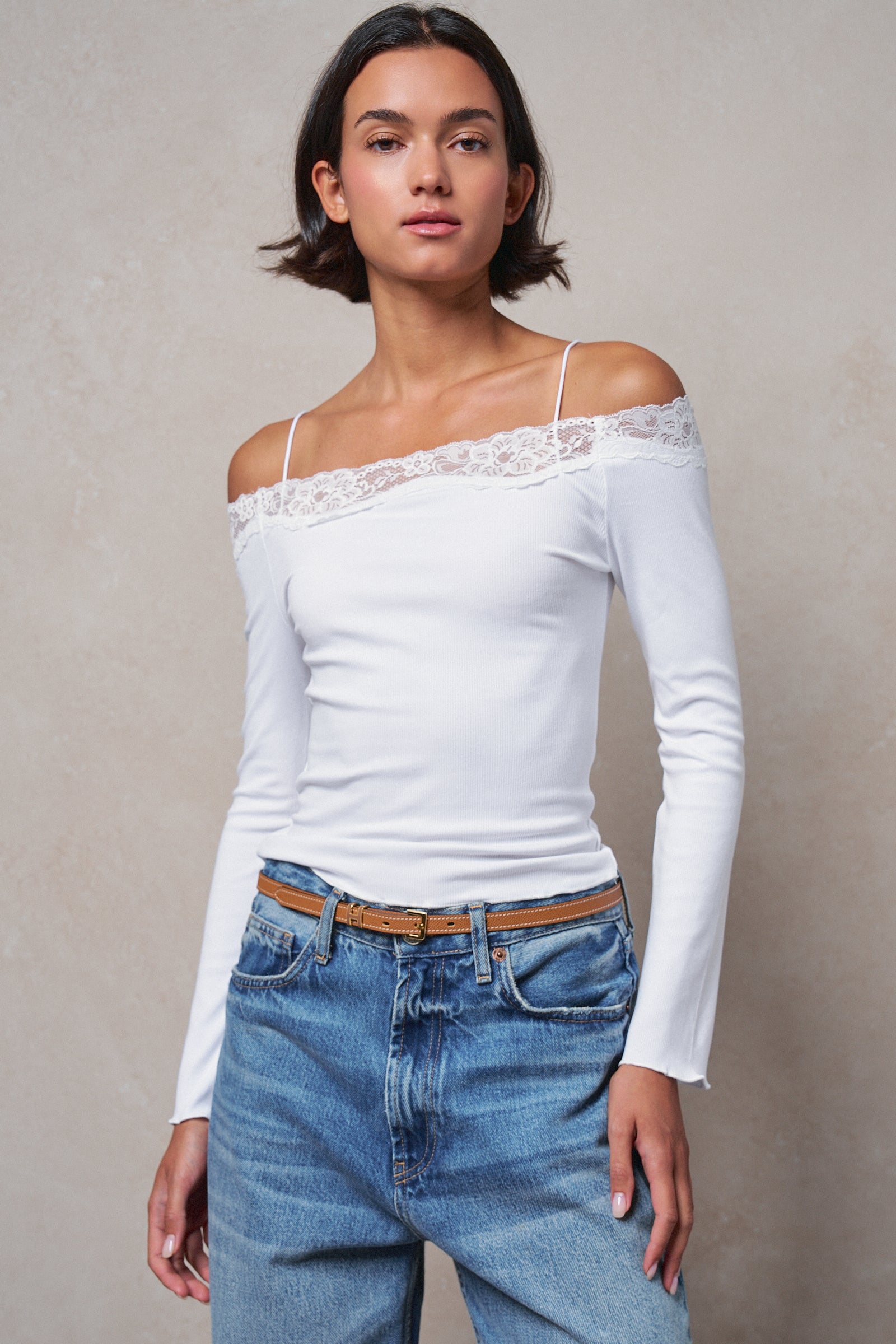 Ribbed Lace Trim Off-Shoulder Long Sleeve Top - Women's TOPS | Urban Daizy