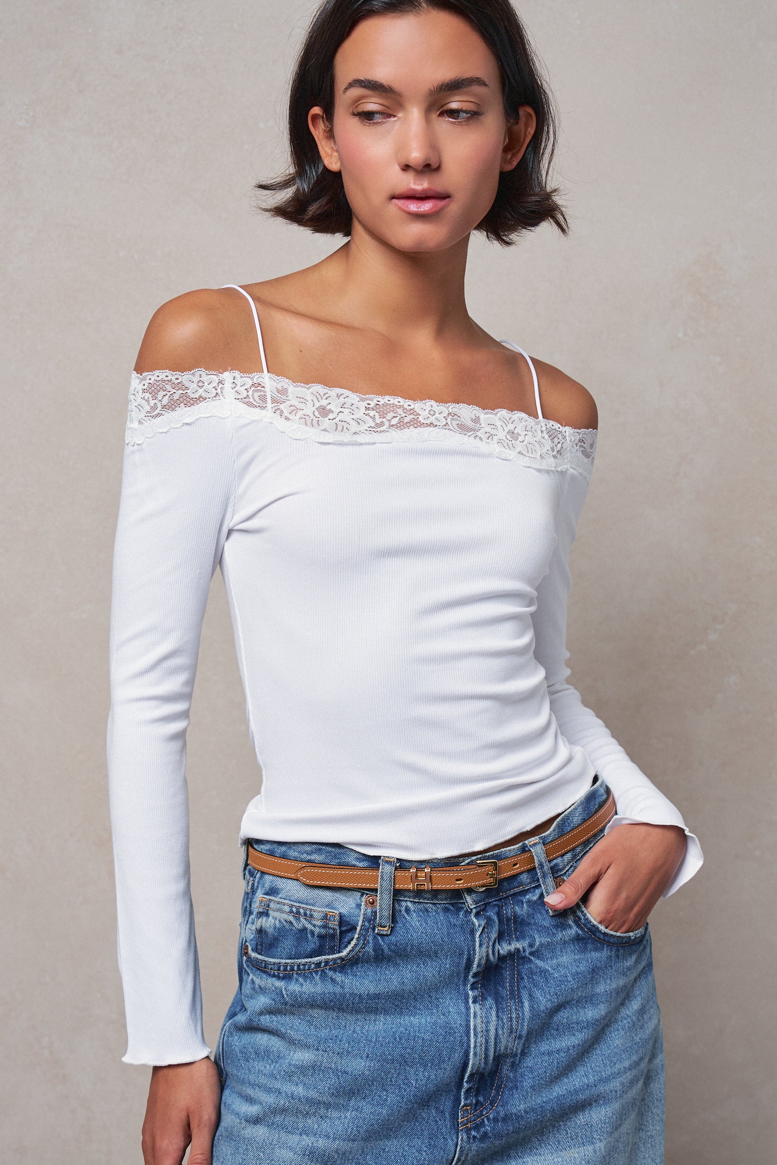 Ribbed Lace Trim Off-Shoulder Long Sleeve Top in WHITE - Women's TOPS | Urban Daizy