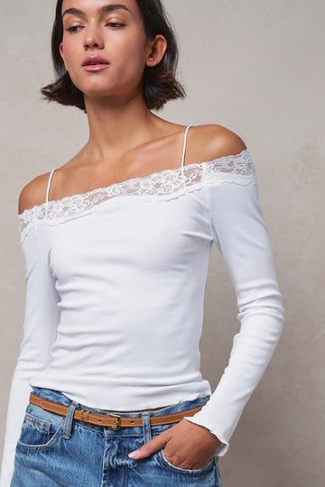 Lace Trim Ribbed Off-Shoulder Long Sleeve Top