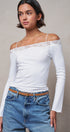 Ribbed Lace Trim Off-Shoulder Long Sleeve Top in WHITE - Women's TOPS | Urban Daizy