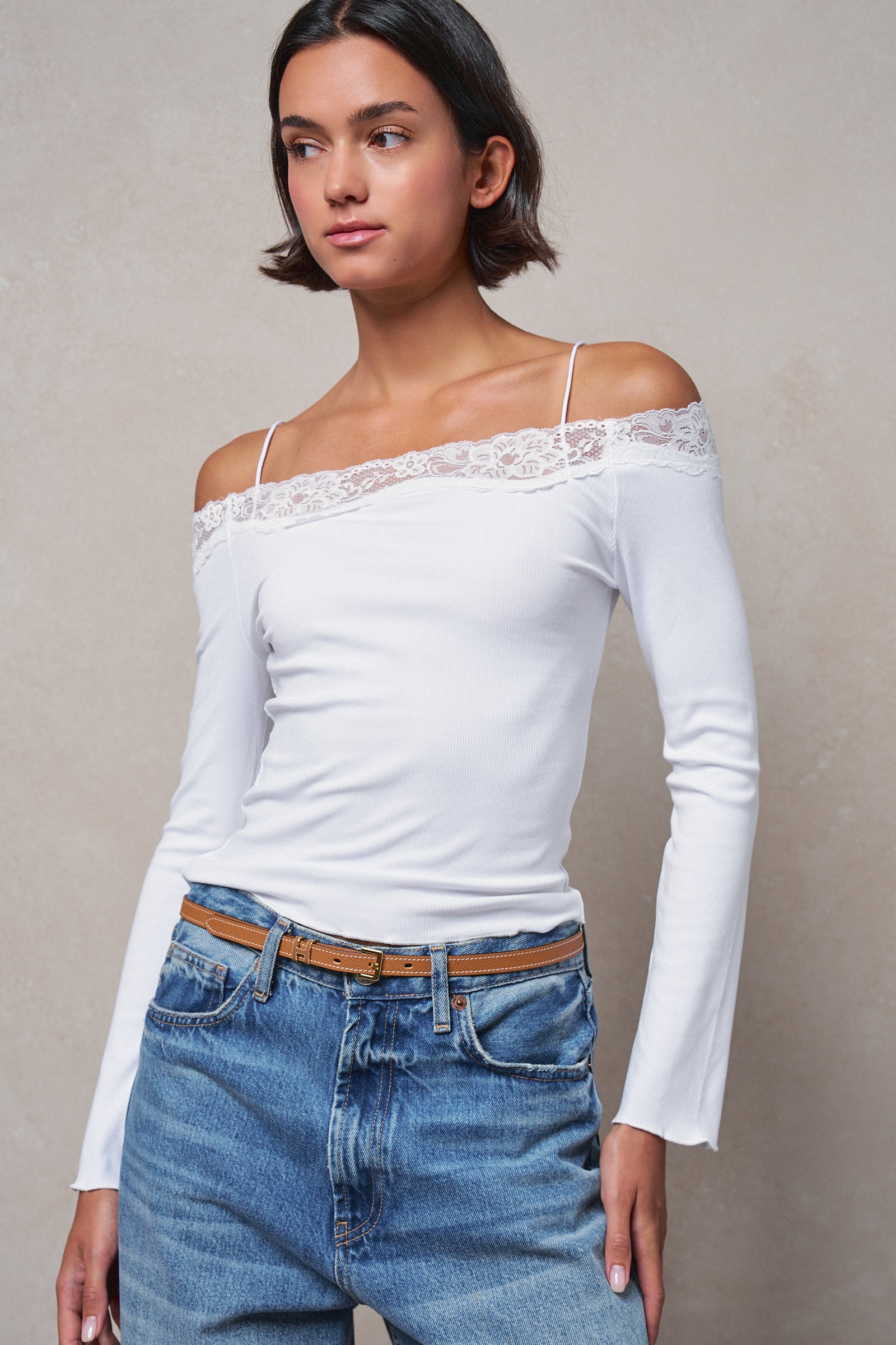 Ribbed Lace Trim Off-Shoulder Long Sleeve Top in WHITE - Women's TOPS | Urban Daizy