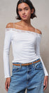 Ribbed Lace Trim Off-Shoulder Long Sleeve Top in WHITE - Women's TOPS | Urban Daizy