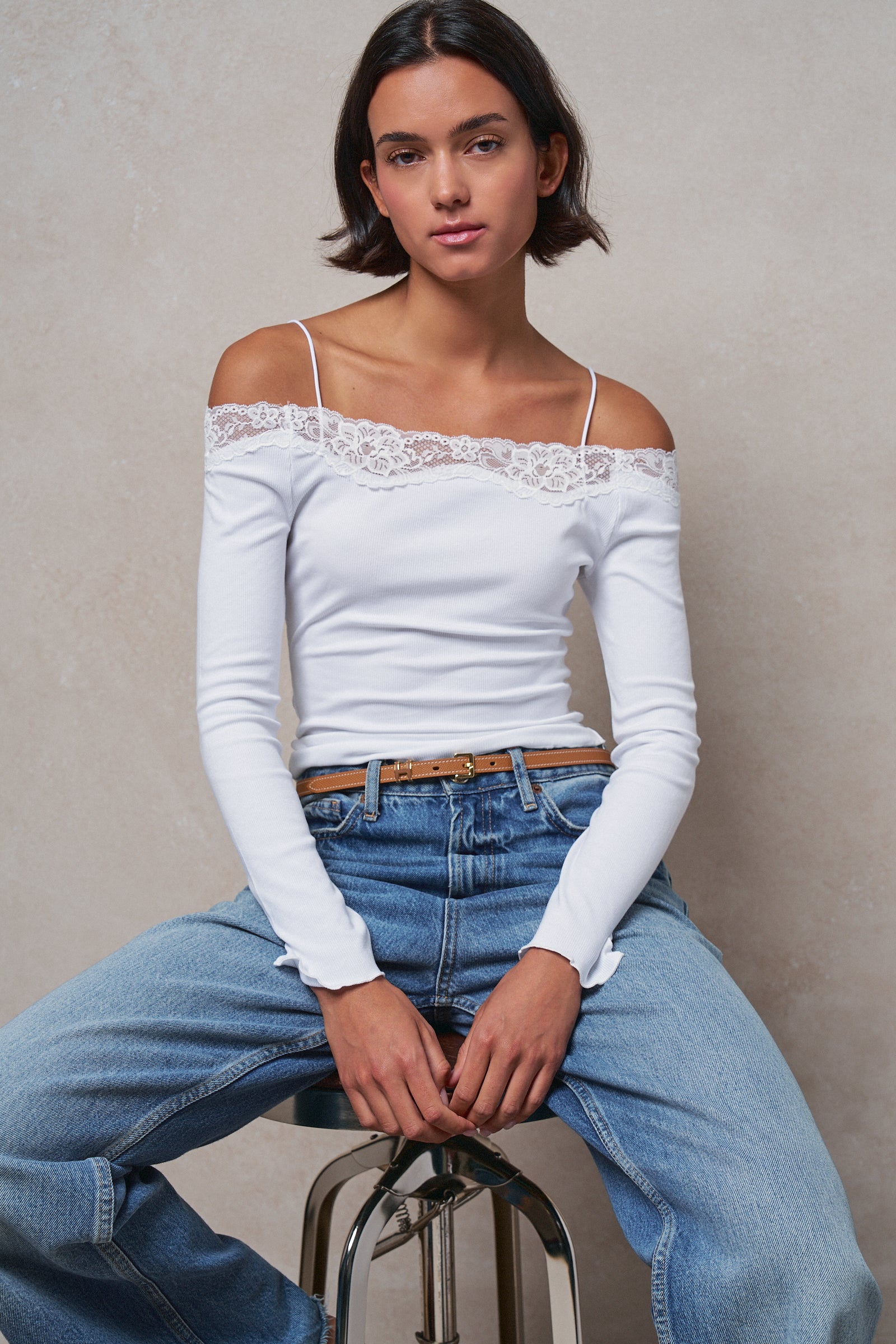 Ribbed Lace Trim Off-Shoulder Long Sleeve Top in WHITE - Women's TOPS | Urban Daizy