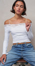Ribbed Lace Trim Off-Shoulder Long Sleeve Top in WHITE - Women's TOPS | Urban Daizy