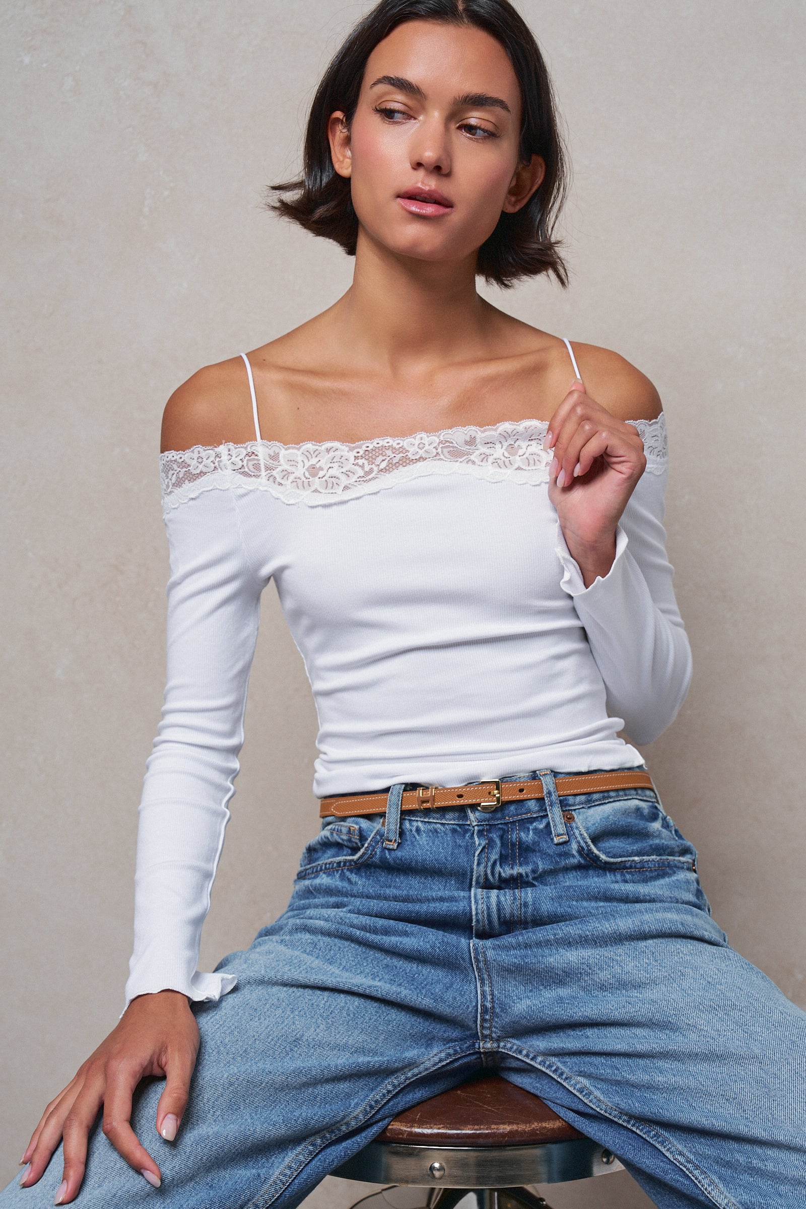 Ribbed Lace Trim Off-Shoulder Long Sleeve Top in WHITE - Women's TOPS | Urban Daizy