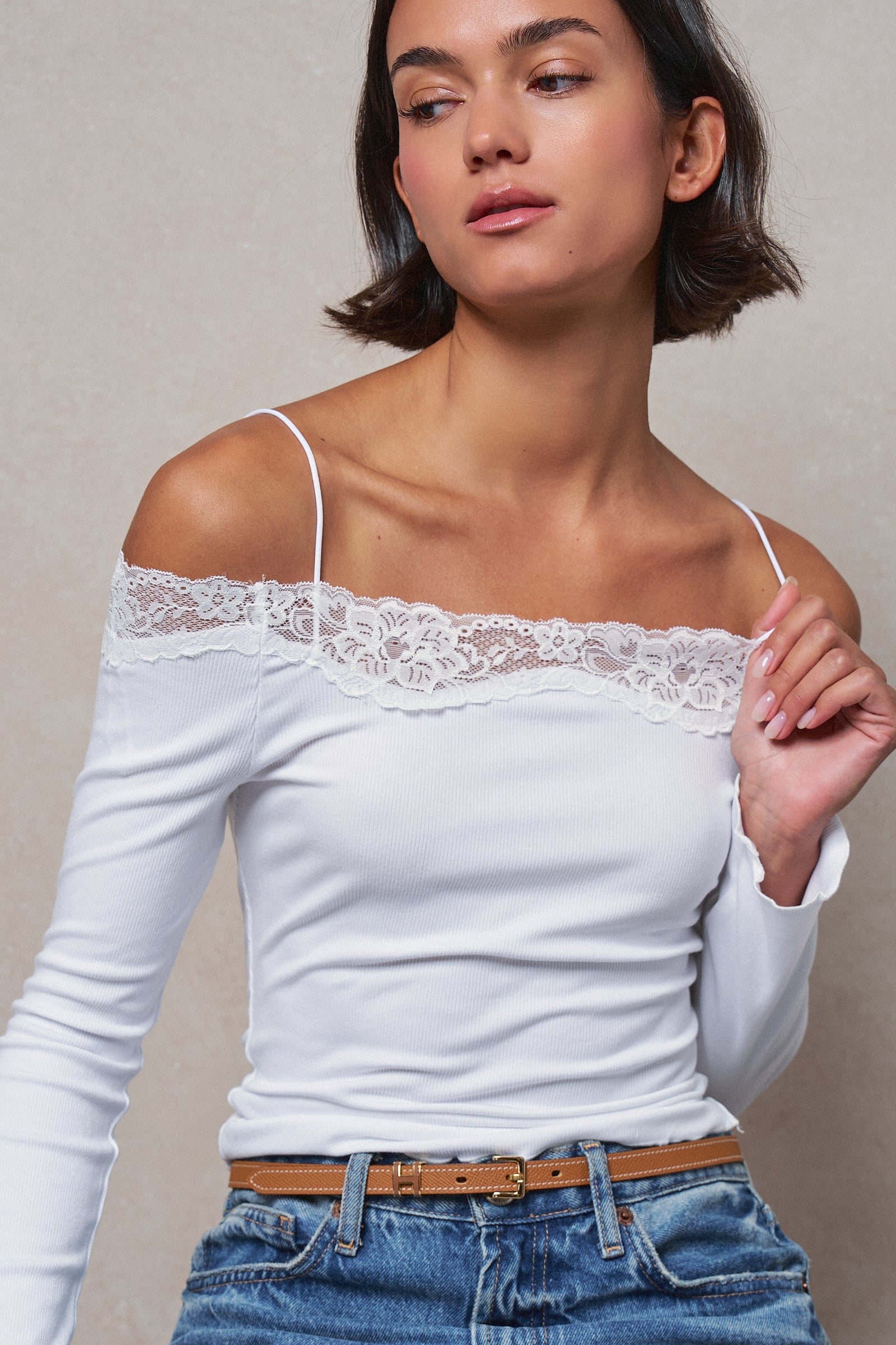 Ribbed Lace Trim Off-Shoulder Long Sleeve Top in WHITE - Women's TOPS | Urban Daizy
