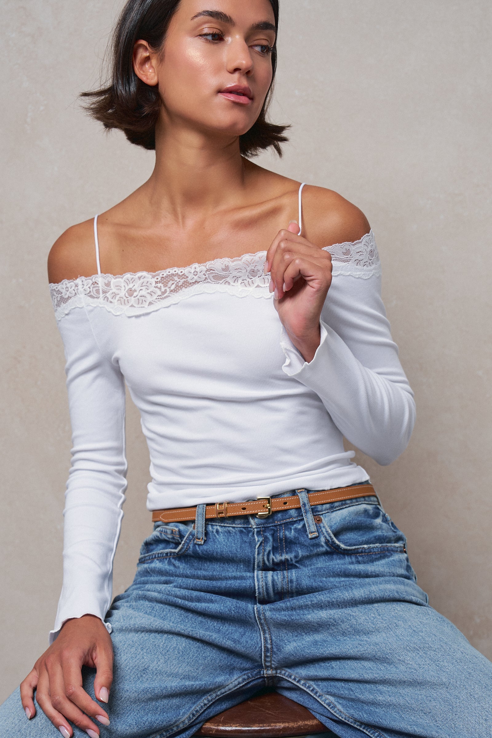 Ribbed Lace Trim Off-Shoulder Long Sleeve Top in WHITE - Women's TOPS | Urban Daizy