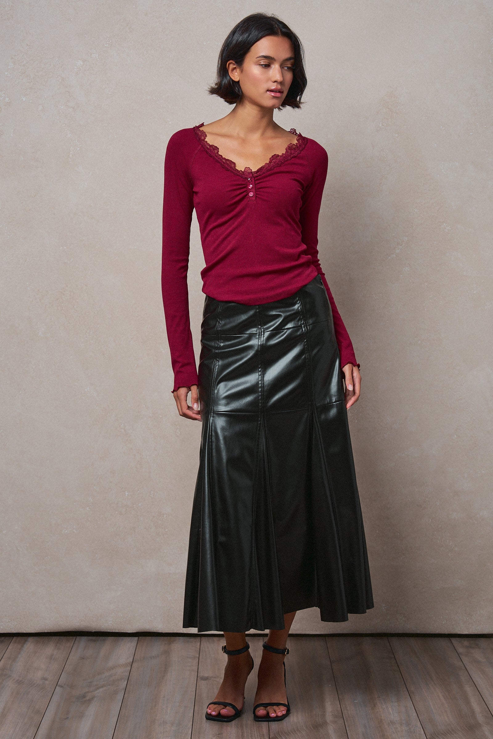 Lace Trim Ribbed Knit Henley Top in WINE - Women's TOPS | Urban Daizy