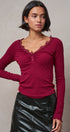 Lace Trim Ribbed Knit Henley Top in WINE - Women's TOPS | Urban Daizy