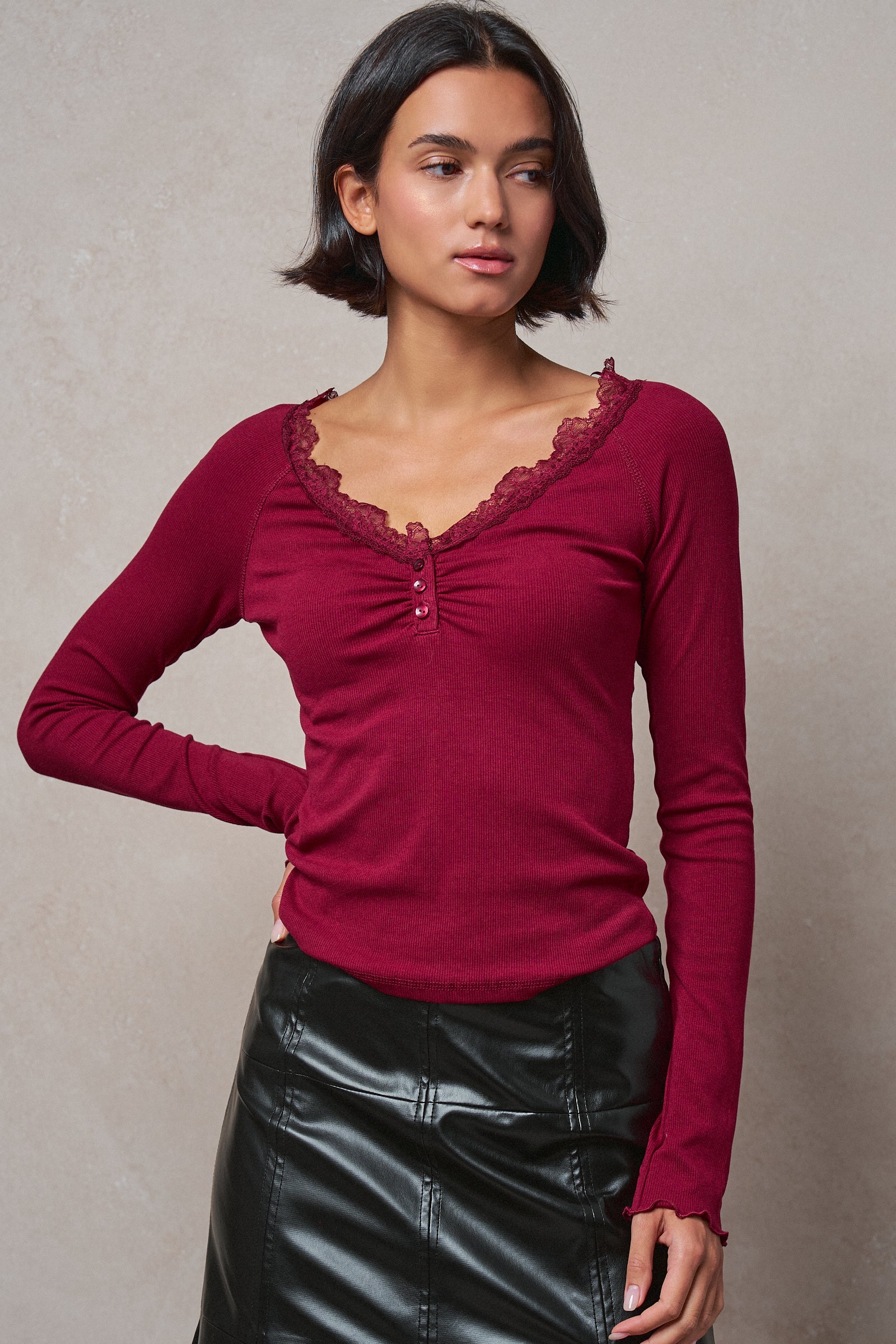 Lace Trim Ribbed Knit Henley Top in WINE - Women's TOPS | Urban Daizy