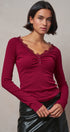Lace Trim Ribbed Knit Henley Top in WINE - Women's TOPS | Urban Daizy