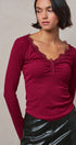 Lace Trim Ribbed Knit Henley Top in WINE - Women's TOPS | Urban Daizy