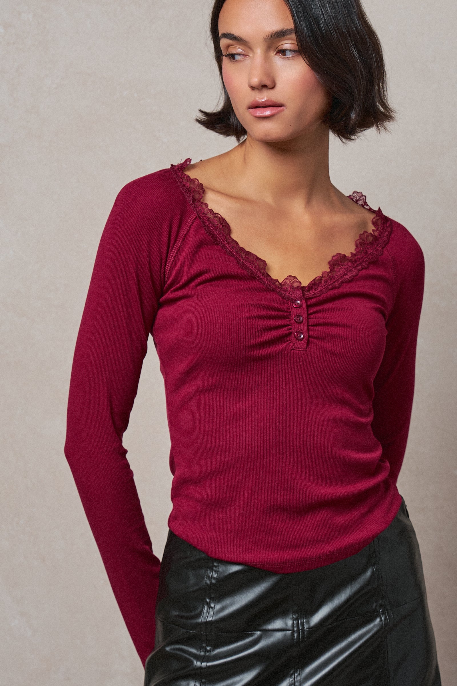 Lace Trim Ribbed Knit Henley Top in WINE - Women's TOPS | Urban Daizy